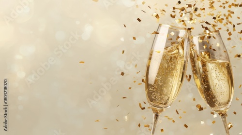 Champagne glasses with gold glitter splash on beige background.