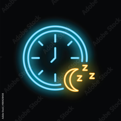 Blue neon clock is showing bedtime with a crescent moon and z letters for sleep time