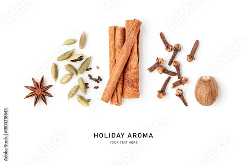 Flat lay composition of aromatic spices isolated on white background.