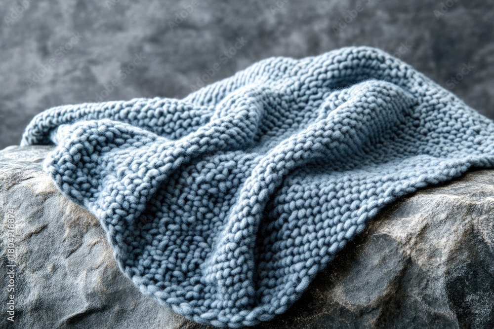 Fototapeta premium A soft, textured blue chunky knit blanket lies gently on a rugged dark grey rock, creating a cozy, natural contrast.