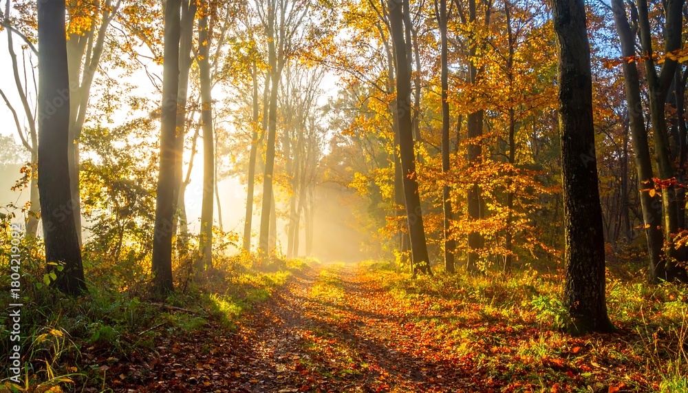 Fototapeta premium Sunlit Path Through Autumn Forest - A Golden Morning Scene.