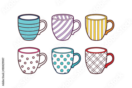 Collection of Six Colorful Cartoon Mugs with Various Patterns and Designs