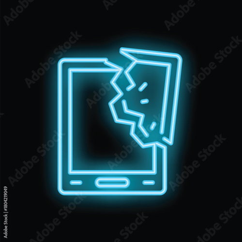 Neon blue icon depicting a cracked smartphone screen is glowing on a black background