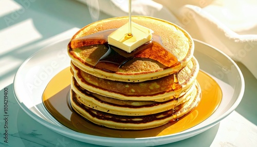 A close-up shot of a tall stack of fluffy pancakes, topped with a pat of butter and drizzled with rich syrup, creating a delicious breakfast scene.