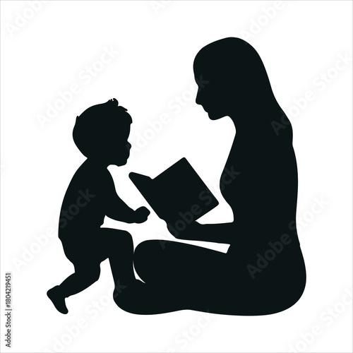 Silhouette of a mother figure reading a book to a young child, symbolizing early education, family bonding, and storytelling on a plain background.