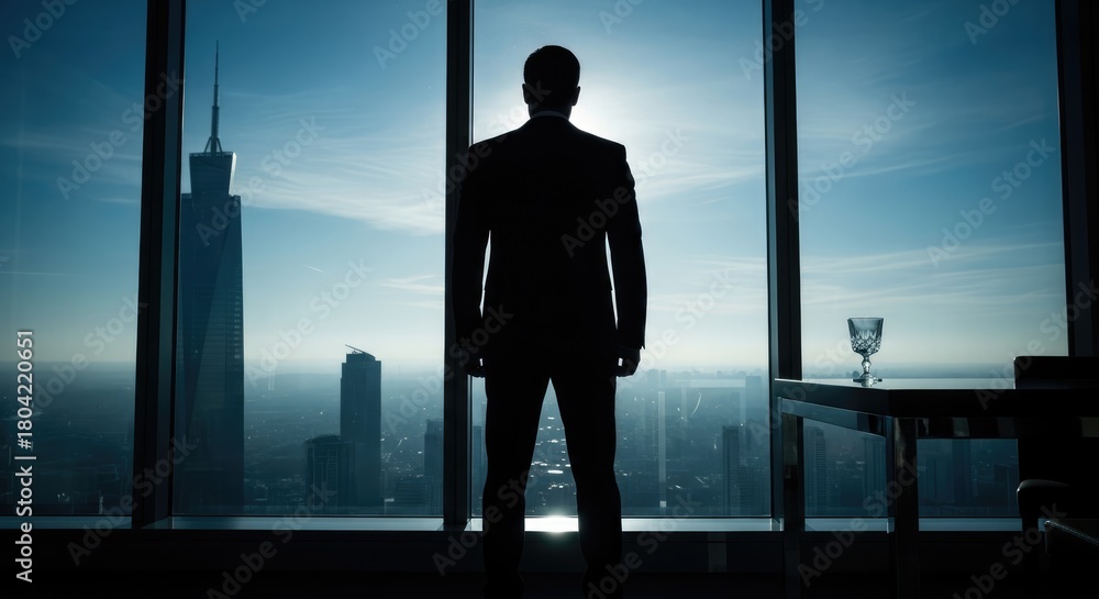 Fototapeta premium businessman looking out of a skyscraper window at the city skyline