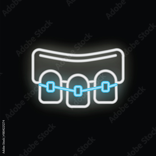 Glowing neon line icon of braces aligning teeth for a beautiful smile is an illustration of a dental concept