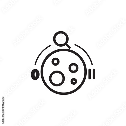 Zero-G Testing icon symbolizing space simulation and low-gravity research. Features a planetary surface and magnifier, representing specialized testing, scientific analysis, and aerospace preparation.