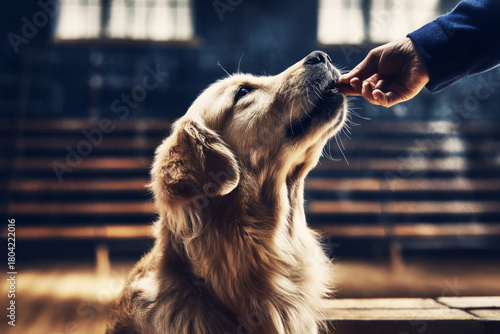 A golden retriever stands confidently on a platform while a professional trainer offers a treat in a gym. This training session focuses on agility and bonding through positive reinforcement