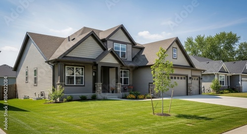 Two-story House Exterior with Green Lawn and Clear Sky