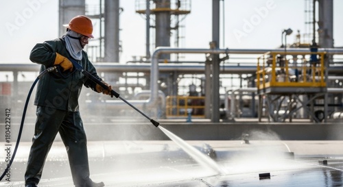 Industrial worker using pressure washer for maintenance at oil refinery