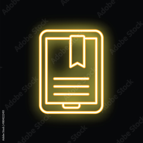 Bright yellow neon icon of an e reader app displaying an open book, with a bookmark, on a smartphone screen