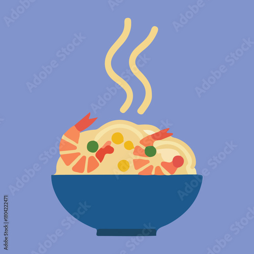 A bowl of shrimp and pasta is displayed with steam rising from it on a periwinkle background. The food is stylized, having flat color fields.