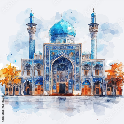 Shiraz Nasir Al-Mulk Mosque, watercolor drawing vector, isolated on a white background.
