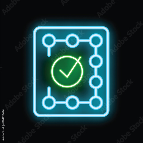 Glowing neon icon representing a validating process with a green check mark inside a technological scheme