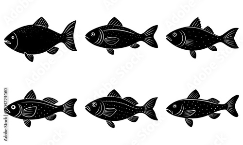 Stylized black and white illustration of six fish in two rows with varied textures and fin shapes