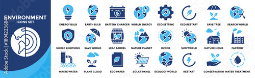 Environment icon collection set. Containing design Earth, World energy, Nature planet, Conservation, Waste water