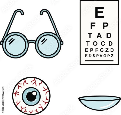 Flat lay of a pair of glasses, an eye chart, and a contact lens case with an illustrated eye on a clean white background, conveying a medical and optometry theme with a neutral color
