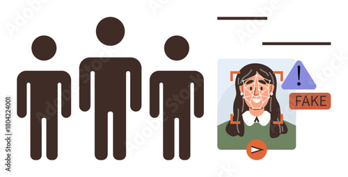 Three human figures, fake detection alert with AI face scan, and warning sign. Ideal for AI, cybersecurity, digital privacy, fraud detection, biometrics authentication secure systems. Simple flat