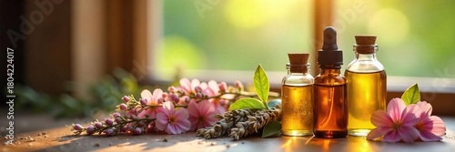 Wallpaper Mural Sunlight Streams Through Window Illuminating Essential Oil Bottles, Dried Flowers, and Herbs; Calming and Relaxing Spa Scene Perfect for Wellness and Holistic Health Marketing Torontodigital.ca