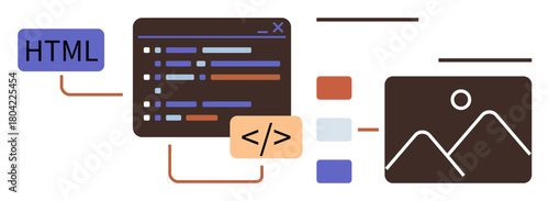 HTML code editor, UI design elements, and graphic images connecting in a seamless workflow. Ideal for web development, coding, technology, programming, design creativity education. Simple flat