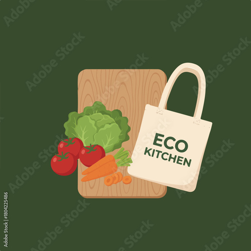 A visually appealing image showcasing a collection of fresh vegetables alongside a tote bag with the words "ECO KITCHEN" written on it.