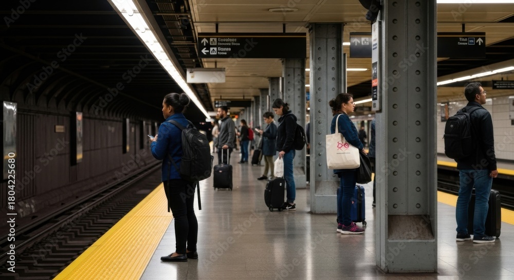 Fototapeta premium Commuters waiting on subway platform with luggage for urban travel experience