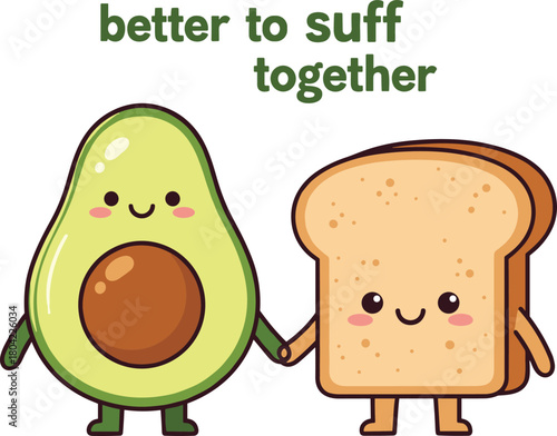 Avocado bread cartoon, cute food friends, smiling characters, hand in hand, heart speech bubble, funny pun art, vector illustration