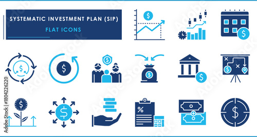 A set of flat icons related to Systematic Investment Plan. SIP, investment, discipline, regular savings, flexibility, contribution, planning, future investment, and so on.