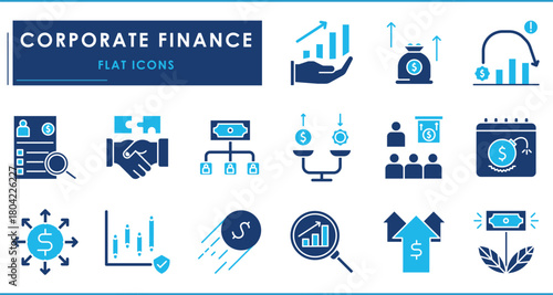A set of flat icons related to Corporate finance. Capital budgeting, Financial modeling, Valuation, Corporate strategy, Risk management, Equity financing, Leverage, and so on.