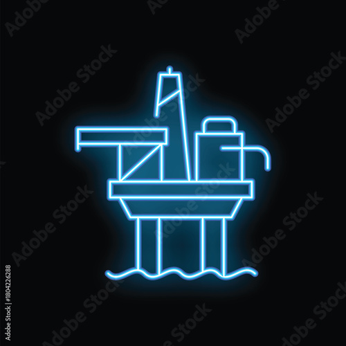 Blue neon icon of an oil rig extracting oil in the ocean, isolated on a black background