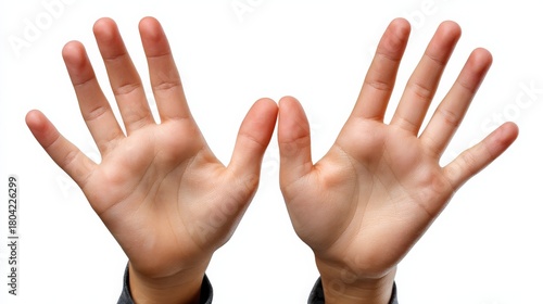 Child's hands showing jazz hands with fingers spread wide against a white background, exuding energy and enthusiasm