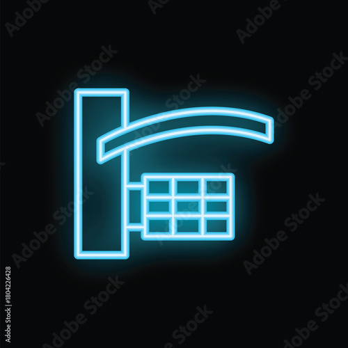 Blue glowing neon icon of automatic rising arm barrier gate with square grid on black background