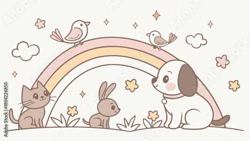 Charming animal friends gather under a pastel rainbow, isolated on