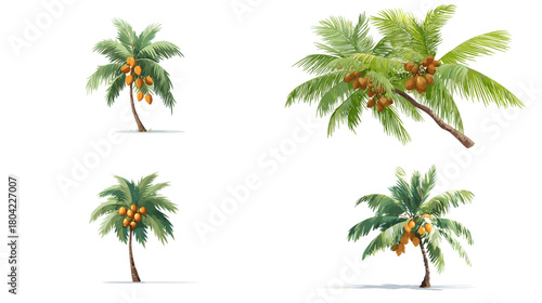 Realistic coconut palm tree illustrations with long fronds and clusters of ripe coconuts. Ideal for tropical themes, travel graphics, beach posters and exotic botanical artwork.