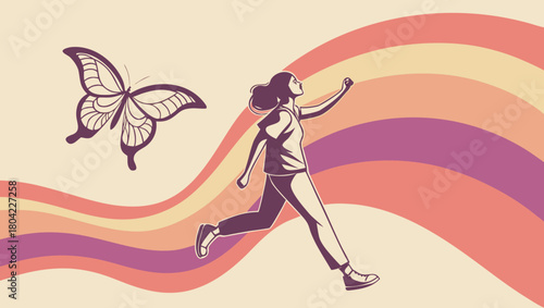 Woman running with a butterfly and rainbow in the background illustration