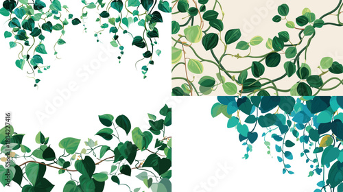 Elegant hanging vine illustrations with lush green leaves, flowing branches and soft botanical shapes. Perfect for borders, frames, wedding designs, nature decor and branding elements.