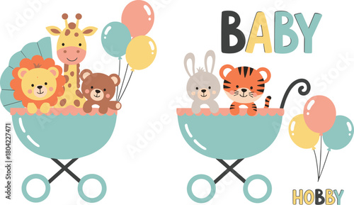 Baby animal stroller, cartoon zoo babies, cute balloon scene, playful nursery art, baby hobby design, vector illustration, colorful letters
