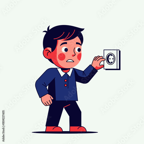 Curious boy about to touch power socket with warning concept and copy space