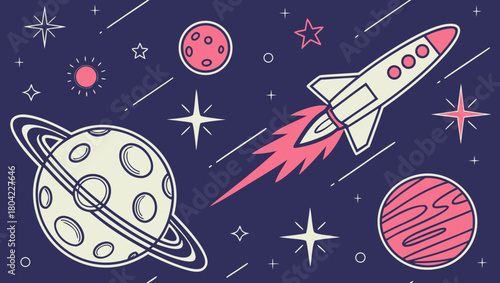 Cartoon space scene with planets, stars, and a rocket on a dark background