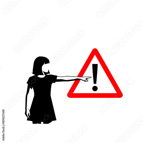 Silhouette of girl pointing at warning sign on white background with copy space