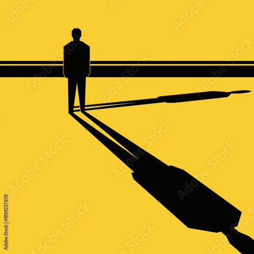 Silhouette of man casting long shadow behind police tape on yellow background