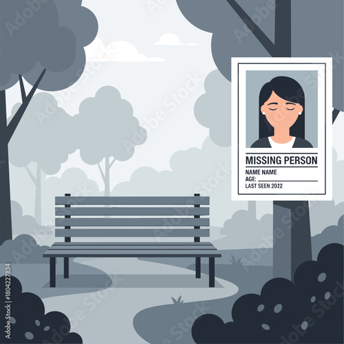 Missing person poster of woman on tree in empty park scene with copy space
