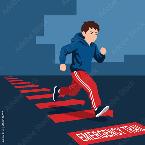 Serious boy running on emergency trail path in dark city background with copy space