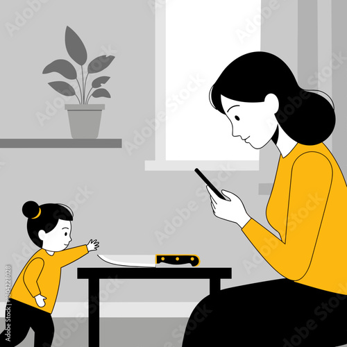 Distracted woman on phone while child reaches for knife on table with copy space