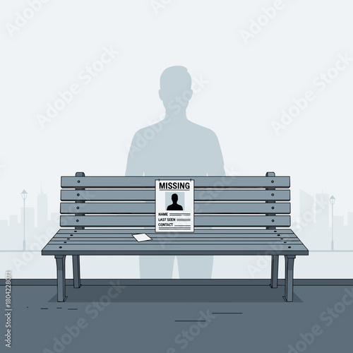 Missing person poster on park bench with male silhouette in background and copy space