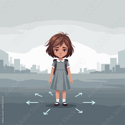Sad lost girl standing alone in cityscape with direction arrows and copy space