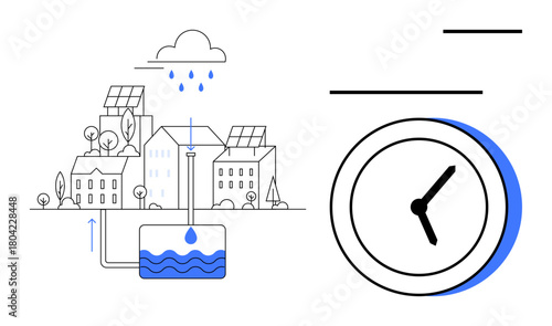 Urban setting with buildings, solar panels, rain harvesting tank, and water flow process. Clock emphasizes time management. Ideal for sustainability, efficiency, urban planning, renewable energy