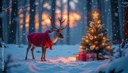 Reindeer in a red coat stands near a glowing Christmas tree with presents in a snowy forest