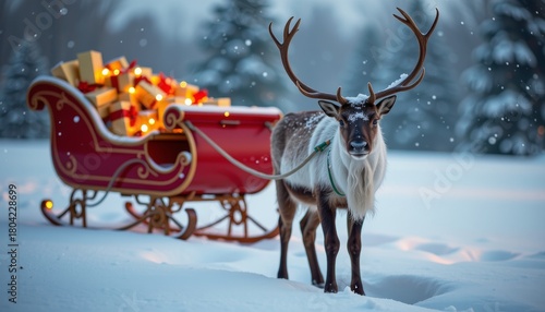A large reindeer stands beside a red sleigh loaded with glowing holiday gift boxes in falling snow